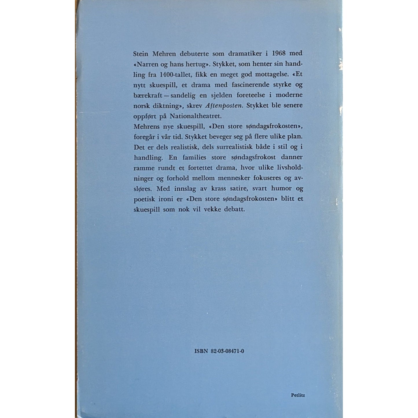 Den store søndagsfrokosten. Brukte bøker av Stein Mehren. Skuespill