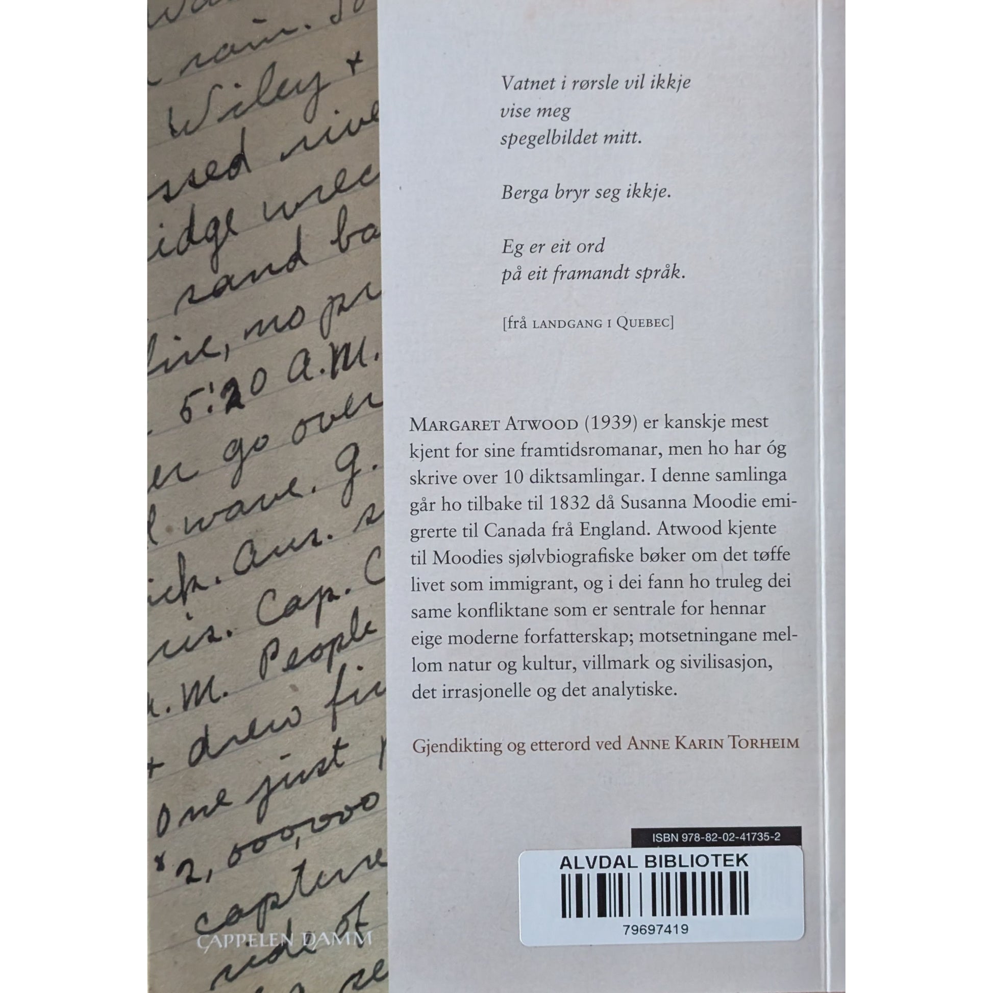 Susanna Moodies dagbøker. Dikt av Margaret Atwood. Inventaret bruktbok.